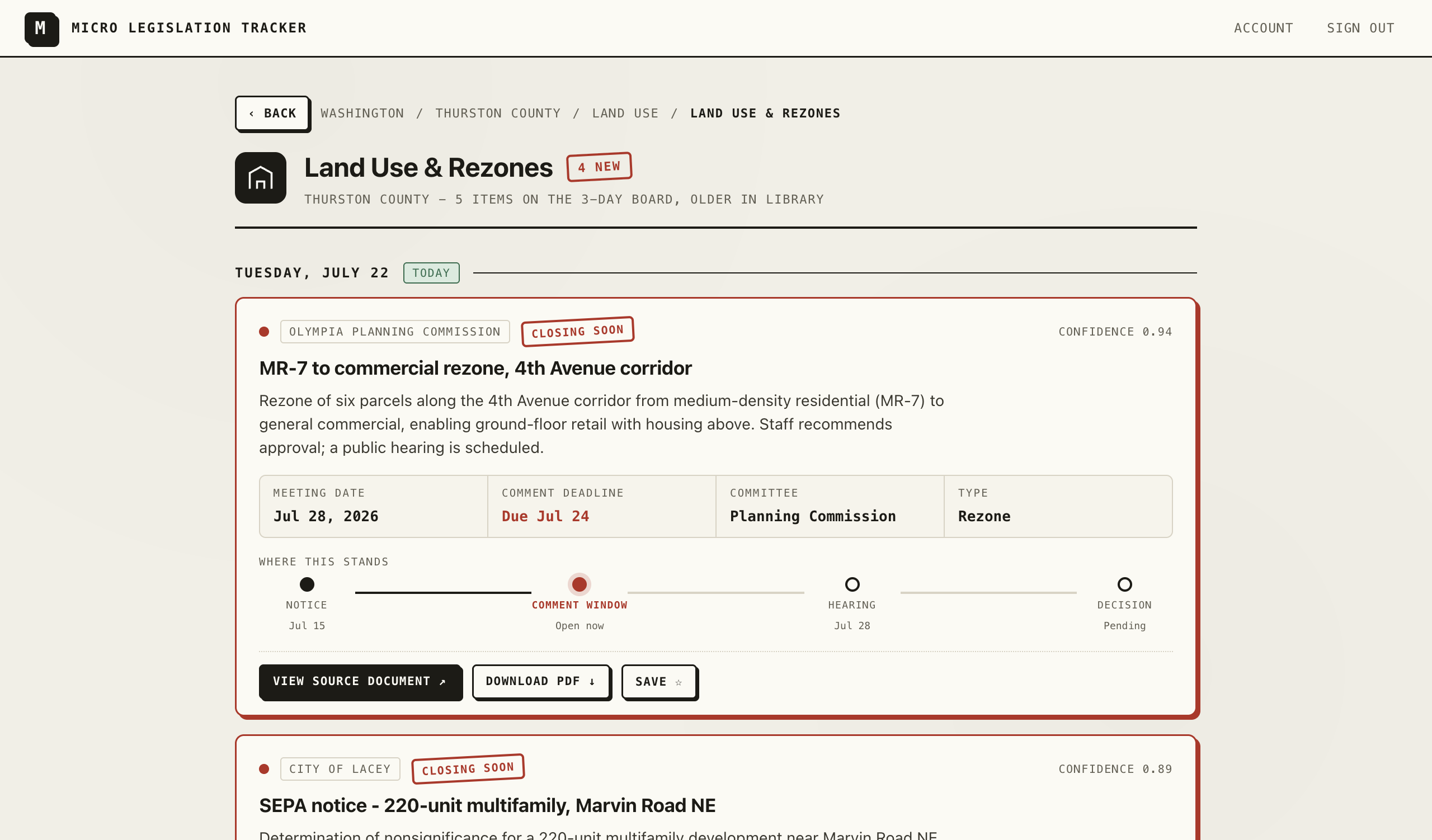 County board with flagged land-use items and timelines